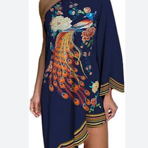 Brand New One Shoulder Summer Dress – Floral Peacock Print – Navy Blue – $22